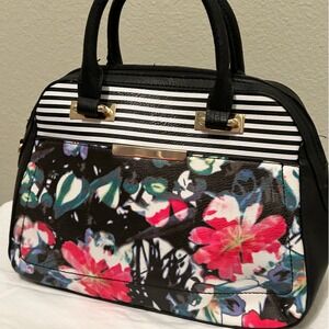 Apt 9 Womens Floral and Striped Satchel Handbag Black Mixed Print Gold Hardware